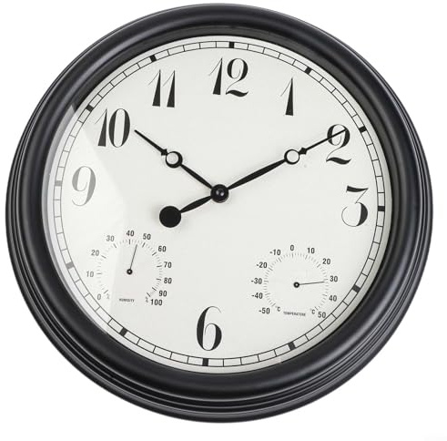 Orologio da esterno con termometro, 38,1 cm, impermeabile, analogico, con igrometro integrato, funzionamento silenzioso, per patio, giardino, decorazione