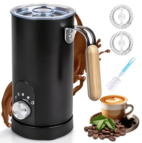 5-in-1 Electric Milk Frother and Steamer, Automatic Milk Foamer Hot Chocolate Maker with Wood Grain Handle, 11.8oz Milk Warmer and Heater for Latte, Cappuccino, Hot Cocoa Maker, Frother for Coffee