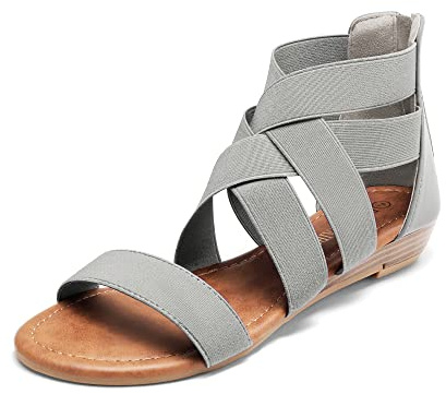 DREAM PAIRS Elastic Strappy Flats Sandals Womens Open Toe Summer Beach Low Wedges Shoes ELASTICA8,Size 7,Grey,ELASTICA8