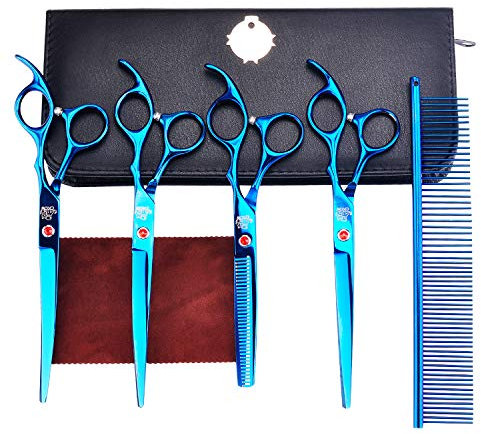 Hundescheren Hunde Haarschere Set 7 Zoll 4 in 1 Hundesalon Schere Profi Scharfe und Starkem Edelstahl Fellschere für alle Hunde Katze Schneiden und Grooming