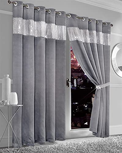 Olivia Rocco Diamante Blackout Eyelet Curtains With Tie Backs Black Out Thermal Ring Top Curtain Pair Window Dressing, 66 (Width) x 54 (Drop) Silver