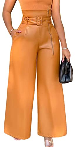 Sexyshine Women's PU Faux Leather High Waisted Side Zipper Loose Wide Leg Vintage Leather Pants with Belt Chic Clubwear(30154YE,L) Yellow