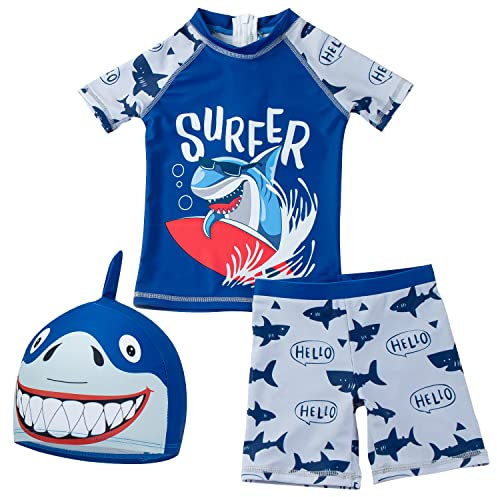 amiyan Kinder Jungen Badeanzug Bademode Schwimmbekleidung Uv-Schutz Hai Bade-Set mit Hut 140 6-7 Jahre