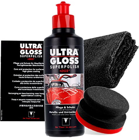 Auto Politur Bundle - Ultra Gloss Superpolish PKW 0,25L + Booklet + detailmate Poliertuch 550GSM + Garage Freaks Polierpad - Pflege & Schutz für Metallic und Uni-Lacke - Autopolitur 3in1