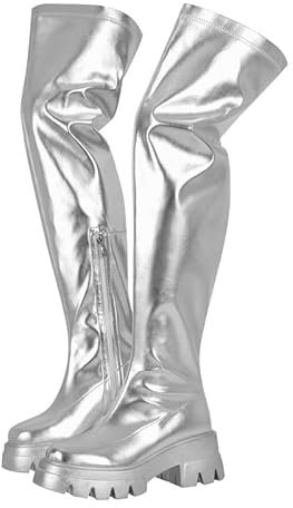 MissHeel Plateau Stretch-Stiefel Elastische Stiefel Overknee Combat Boots Silber EU 45