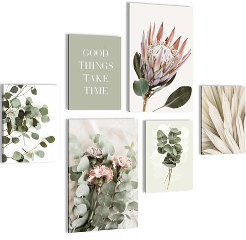 Novart Wandbilder Set Grüne Blätter Blumen - KEIN EXTRA RAHMEN BENÖTIGT - Modern Deko - Wohnzimmer Schlafzimmer N023067a