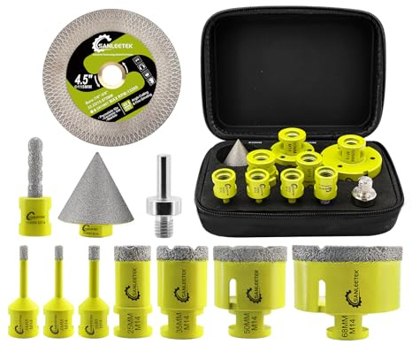 SANLEETEK Tile Hole Saw Kit - Diamond Core Drill Bits Set 11pcs (6/6/8/25/35/50/68mm+10mm Finger Bit+50mm Beveling Chamfer Bit+115mm Diamond Blade+Adapter) for Porcelain Tile Ceramic Marble M14 Thread