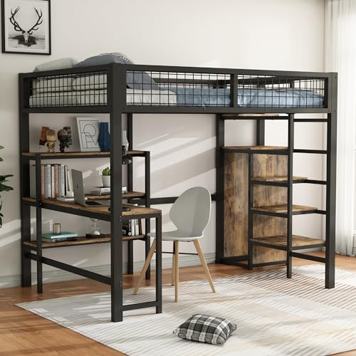 Azkoeesy Cama Alta para niños 140 x 200 cm con Escalera y Escritorio, Cama Doble de Metal con Armario Abierto, estanterías