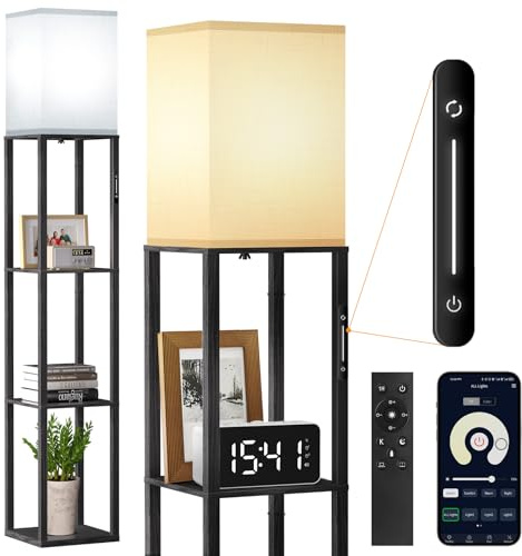 OUTON Golvlampa med dimbar hylla med 4 färgtemperaturer och 1 H timer, fjärrkontroll, app och handkontroll, golvlampor i trä med lampskärm för vardagsrum, sovrum och kontor (svart)