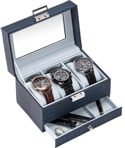 ProCase Uhrenbox mit 3 Fächern，Uhrenkasten mit Glasdeckel, Uhrenkoffer mit herausnehmbaren Uhrenkissen Uhrenschatulle, Vatertag Geschenk -Blau