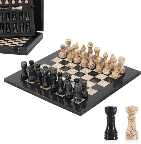Marmorschackset för vuxna, 25 cm, handgjord, svart och korall, med 32 schackstycken, 2 extra drottningar och förvaringslåda, lyxigt resespel, elegant för dekoration av