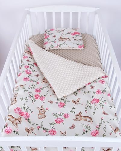 Babylux Babydecke 75x100 cm mit Kissen 30x35 cm – Kuscheldecke aus Minky & Baumwolle – Krabbeldecke für Kinderwagen, Babybett & Spielgruppe (K140 - Zauberhafte Rosenhüpfer)