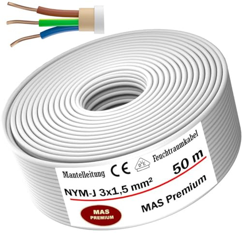 MAS Premium Feuchtraumkabel Stromkabel 5-200m Mantelleitung NYM-J 3x1, 5 2,5 4 6 10 oder 5x1,5 2,5 4 6 10 16 Elektrokabel für feste Verlegung (NYM-J 3x1, 5 mm², 50m)