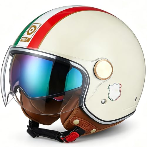 Casco Moto Abierto Scooter con Doble Visera, Cascos Jet para Hombre y Mujer Casco de Motocicleta Casco Scooter Doble Visera Homologación ECE22.05 Adulto Vintage 3/4 Casco
