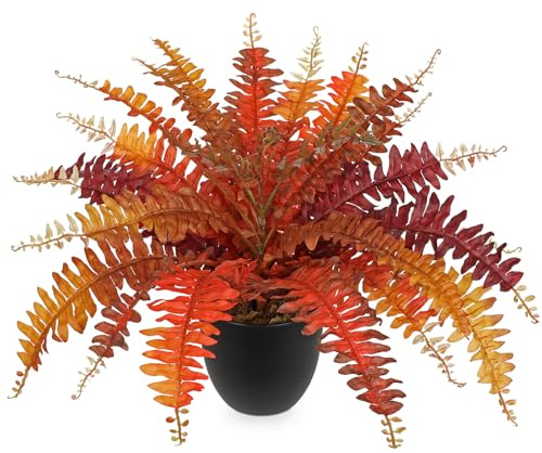 Hollyone 19.6'' Orange Artificial Boston Fern, Fake Potted Plant Autumn Decorations for Home Decor, Faux Fern Bushes in Pot for Table, Shelf, Living Room, Thanksgiving, Harvest, Fall Decorations