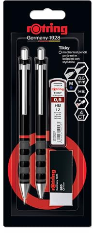 rOtring Tikky set med mekaniska pennor, kulspetspennor, radergummi och blyertsminor | HB-minne, 0,5 mm blyerts | Mediumspetspenna | Svart pennkropp | Lättviktare med gummerat grepp
