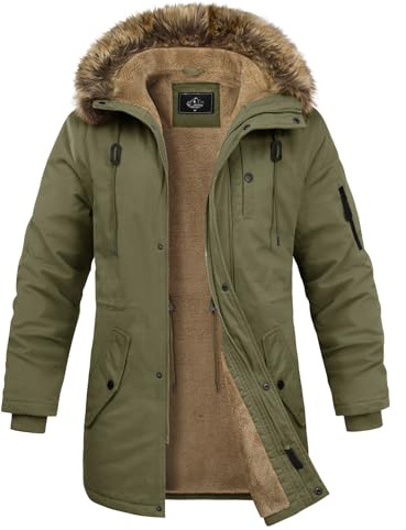 Xnova Men's Thermal Winter Parka Jacket Fluffy Warm Fleece Lined Padded Jackets Military Cargo Cotton Coat Mid-Length Full Zip Outerwear with Detachable Trim, Olive, XL