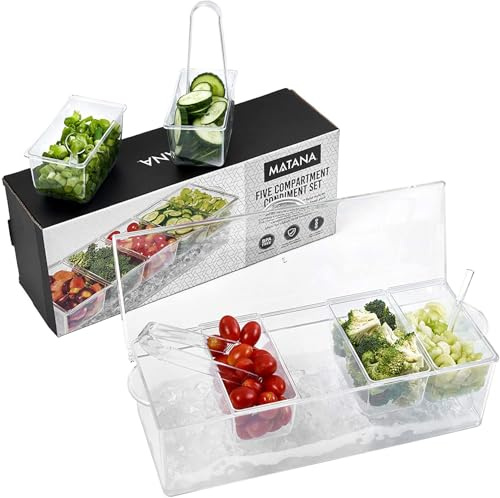 MATANA Chilled Condiment Server - Garnish Caddy Tray with Ice Chamber, 20 Compartments, 12 Tongs, 12 Spoons - Condiments Serving Container for Bars, Parties, & Gatherings