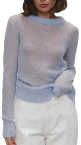 LAPUNIOT Thin Sweaters for Women Lightweight Knitted Sheer Sweaters for Women Long Sleeve Sheer Casual Tops Blouse(US, Alpha, Medium, Regular, Regular, Blue)