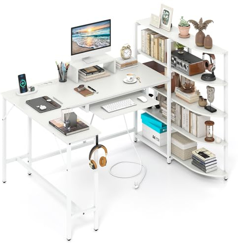 COSTWAY Scrivania Angolare a Forma di L, Scrivania ad Angolo Salvaspazio con Stazione di Ricarica, Scaffale, Supporto per Monitor, Gancio per Cuffie e Vassoio per Tastiera 160x108x10cm (Bianco)