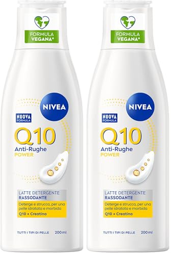 NIVEA Q10 Power Latte Detergente Viso + Antirughe da 200 ml, Detergente viso Idratante Anti-Età con Q10 e Creatina, Struccante viso idratante per pelle sensibile (Confezione da 2)