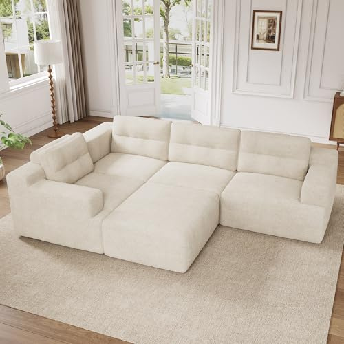 Nolirx Canapé d'angle, Canapé 6 Places en Forme de L/U avec Pouf Amovible,Canapé Modulable pour Salons,Chambres,Coucher, Chenille Canapé Compressé,Aucun Assemblage Requis,Beige