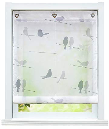 ESLIR Raffrollo ohne Bohren Raffgardine mit Ösen Transparent Gardinen mit U-Haken Ösenrollo Modern Weiß Vögel Muster BxH 80x140cm 1 Stück