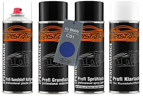 TRISTARcolor Ensemble de bombes de peinture Peinture voiture pour plastique pour BMW C31 Portimao Blau Metallic apprêt adhérent, peinture de base, vernis transparent avec assouplissant