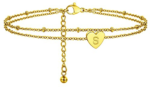 PROSTEEL Anklets for Women Waterproof Initial S Letter Heart Ankle Bracelet Jewellery Adjustable Double-Layer Foot Chain for Beach Summer Gold Plated (with Gift Box)