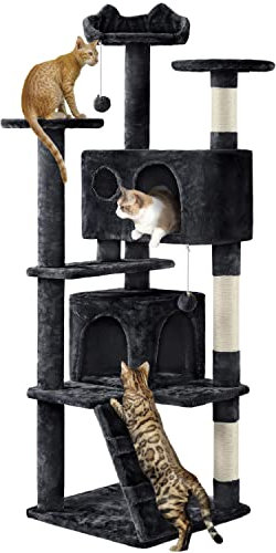 Yaheetech Cat Tree, 158cm Cat Tower with Scratching Post, 2 House and Dangling Balls Pet Furniture for Indoor Kittens, Black