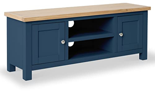 Farro Navy Blue 120cm Large TV Unit for Living Room | Roseland Furniture Fully Assembled Painted Solid Wooden Television Cabinet Stand with Oak Top | Suitable for TVs up to 54 inches