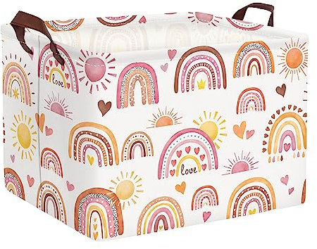 Clastyle Rainbow Baby Laundry Hamper Folding Clothes Kids Storage Basket Waterproof Girls Toy Box for Bedroom,Heart,40x30x30 cm