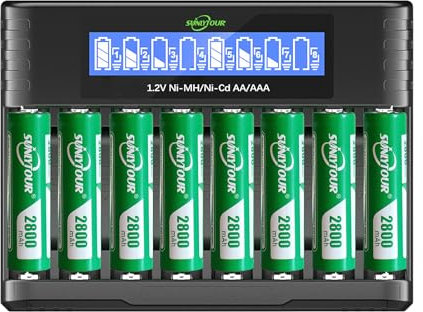SUNLYTOUR 8 Piezas 2800mAh Ni-MH AA Batería Con Cargador de 8 Ranuras Para AAA/AA, Hasta 1,200 Veces Recargables