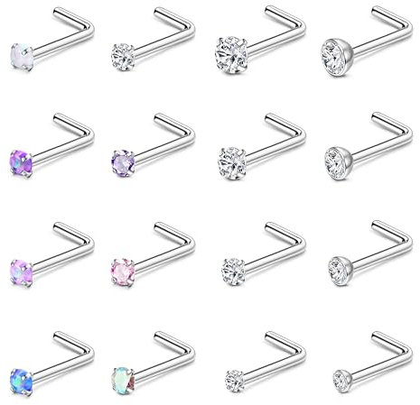 Finrezio 16 Stück 18/20G Nasenpiercing Stecker L-Form Nasenpiercing Chirurgenstahl für Damen Piercing Nase Nose Stud Nostril Piercing Silber Nasenstecker Bunter Diamant CZ Piercing Schmuck