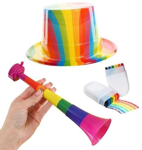 I LOVE FANCY KLÄNNING Plast Pride topphatt, Vuvuzela & ansiktsfärg – regnbåge plast topphatt, regnbåge Vuvuzela buller och regnbåge ansikte färgpinne – perfekt för stolthet och sommarevenemang