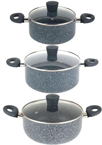 Russell Hobbs COMBO-9112 Nightfall Stone Stockpot Set – Non-Stick Cooking Pots, Tempered Glass Lids, Induction, Lightweight Aluminium Cookware, Easy Clean, PFOA-Free, Soft-Touch Handles, 20/24/28 cm