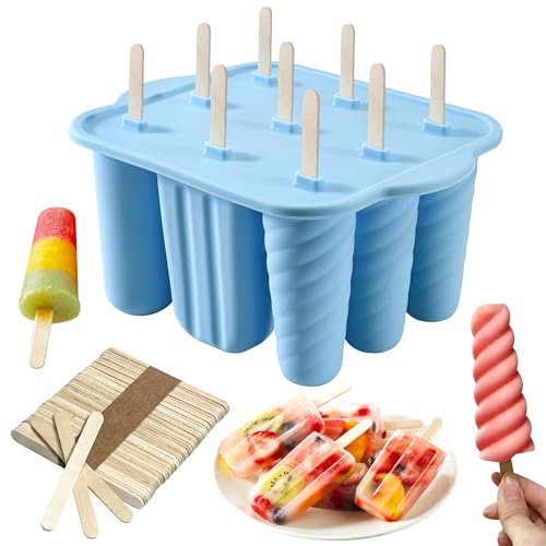 Ice Lolly Moulds, 9 Cavity Silicone Popsicle Mould with 50pcs Wooden Sticks, Reusable Ice Pop Moulds Homemade Popsicle Ice Pop Maker BPA Free Ice Cream Moulds for Kids Summer DIY Home Kitchen Tools