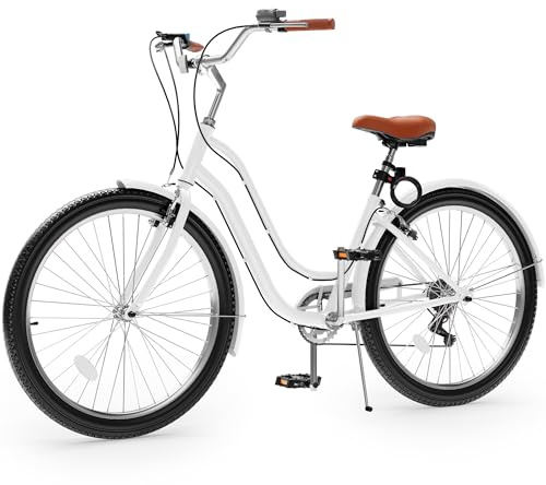 YITAHOME 24 Inch Beach Cruiser Bike, 7 Speed Commute Bike, Step-Through Bicycle for Adult Women & Men, Steel Frame Cruiser Bike with Full Front & Rear Fenders, White
