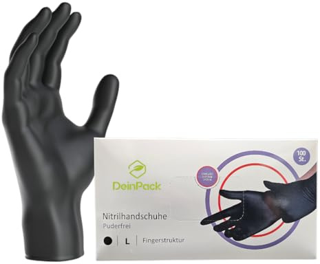 DeinPack 100 Einweghandschuhe schwarz, Einmalhandschuhe L, Nitril Handschuhe, Nitrilhandschuhe puderfrei, Gummi-Handschuhe Einweg, Schutzhandschuhe, Handschuhe Nitril in S, M, L, XL