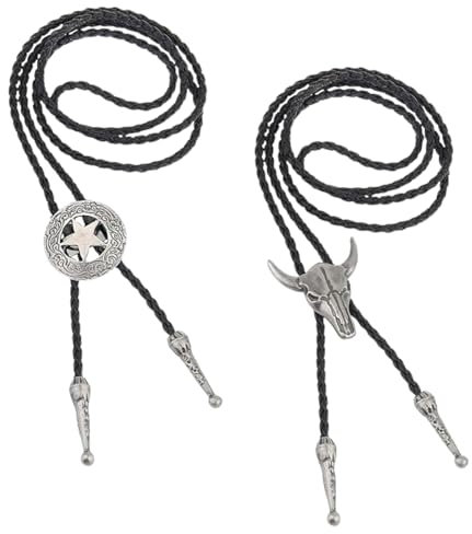 Lyivisk 2 StüCk Bolo Tie Leder Mit KuhschäDel & Texas Ranger Stern, Western Cowboy Krawatte FüR Herren & Damen, Ideal FüR Cowboy KostüM, Rodeo Accessoire Und Festliche Accessoires