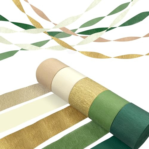 Coco Berming 5 Rollos Papel Crepé Verde Dorado Caqui, Paper Crespón, Utilizado para Bodas, fiestas, Temas y Decoraciones Selváticas (Multicolor)
