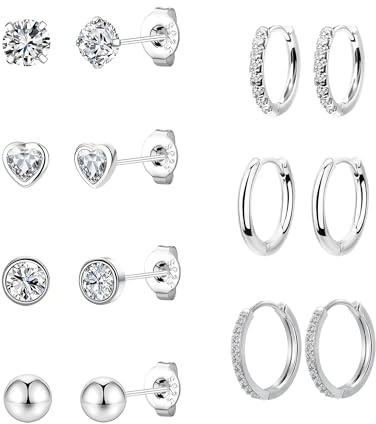 KENIY 7 Pairs Silver Hoops Earrings for Women 925 Sterling Silver Post Stud Earrings Set Hypoallergenic Zirconia Sleeper Huggie Hoop Premium Gift Boxed Tiny Studs Minimalist Jewellery Set