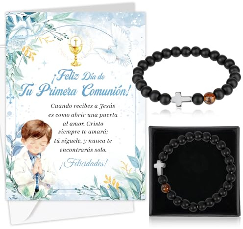 HOWAF Tarjeta Comunión Niño, Tarjeta Felicitación Primera Comunión & Pulsera Cruz Negro para Regalos Comunion Niño, Regalos de Comunion