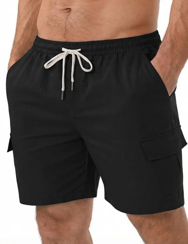 iClosam Bermuda Cargo Homme Cordon Multi Poches Noir L