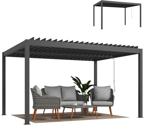 Outsunny Bioklimatische Pergola 4 x 3 m, Aluminium-Pergola, verstellbare Lamellen, Kurbel, Entwässerungssystem, Gartenlaube, Terrassenüberdachung, windbeständig, Sonnenschutz, wasserdicht, dunkelgrau
