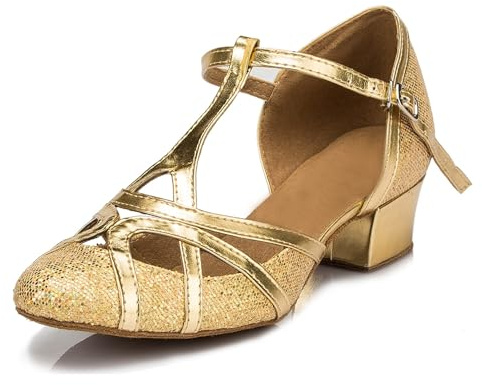 MINITOO Women's Latin Salsa T-Strap Closed Toe Synthetic Ballroom Dance Shoes Evening Wedding Pumps QJ6133 Gold 3.5cm Heel UK 7