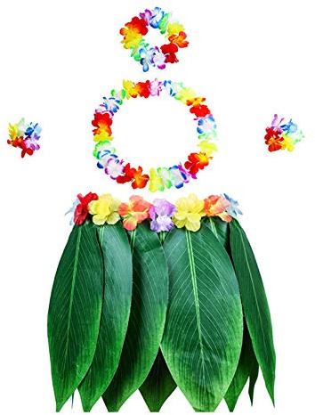 Mirrwin Hawaenne gräs hula kjolar set inkluderar blomma Leis halsband pannband armband tropisk Luau hawaiiansk festdräkt med halsband hawaiiansk kjol med konstgjorda blad, 5 stycken