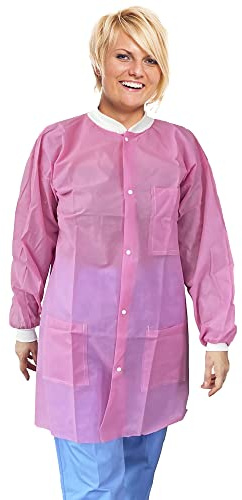 EZGOODZ Light Pink Disposable Lab Coats for Adults, X-Large. 10 Pack Medical PPE Coat. SPP 45 GSM Painting Lab Coat with Cuffs, Collar, Plastic Snaps, 3 Pockets. Splash-Proof Disposable Coats Medical