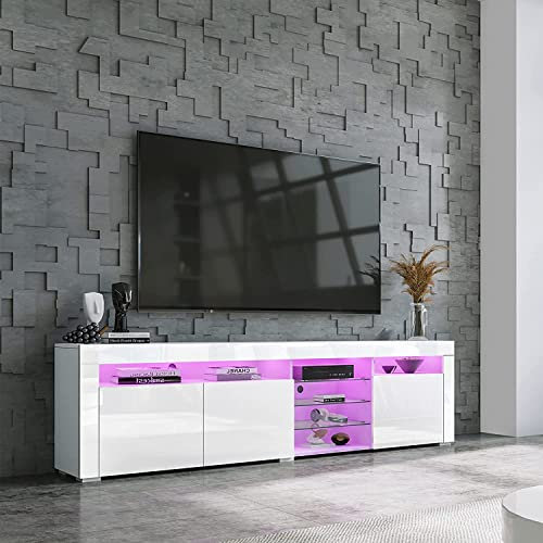 High Gloss White TV Stand Unit Cabinet with LED Lights 180CM, Modern Living Room Furniture with 3 Doors & 7 Open Shelves, Stylish Storage Solution for TVs up to 70 Inch
