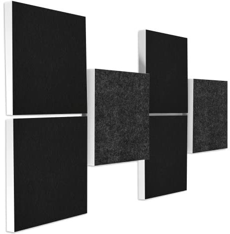 platino24 Schallabsorber COLORE aus Basotec G+ I 3D Akustikpaneele mit Akustikfilz I 6 Quadrat-Paneele in Schwarz + Anthrazit I Akustikplatten zur Schalldämmung in Büro, Studio & Wohnung